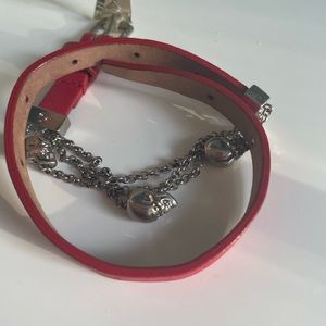 Alexander McQueen double wrap red leather bracelet 3 skulls